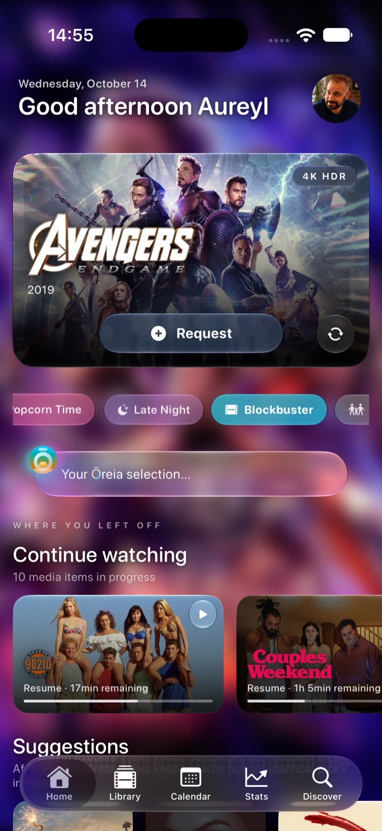 Ōwea home screen in Blockbuster mood featuring Avengers: Endgame